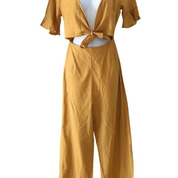 NWT ASOS || Jumpsuit Mustard Yellow Waist Tie Flutter Sleeve Wide Leg Sz 2 TALL - Picture 5 of 11